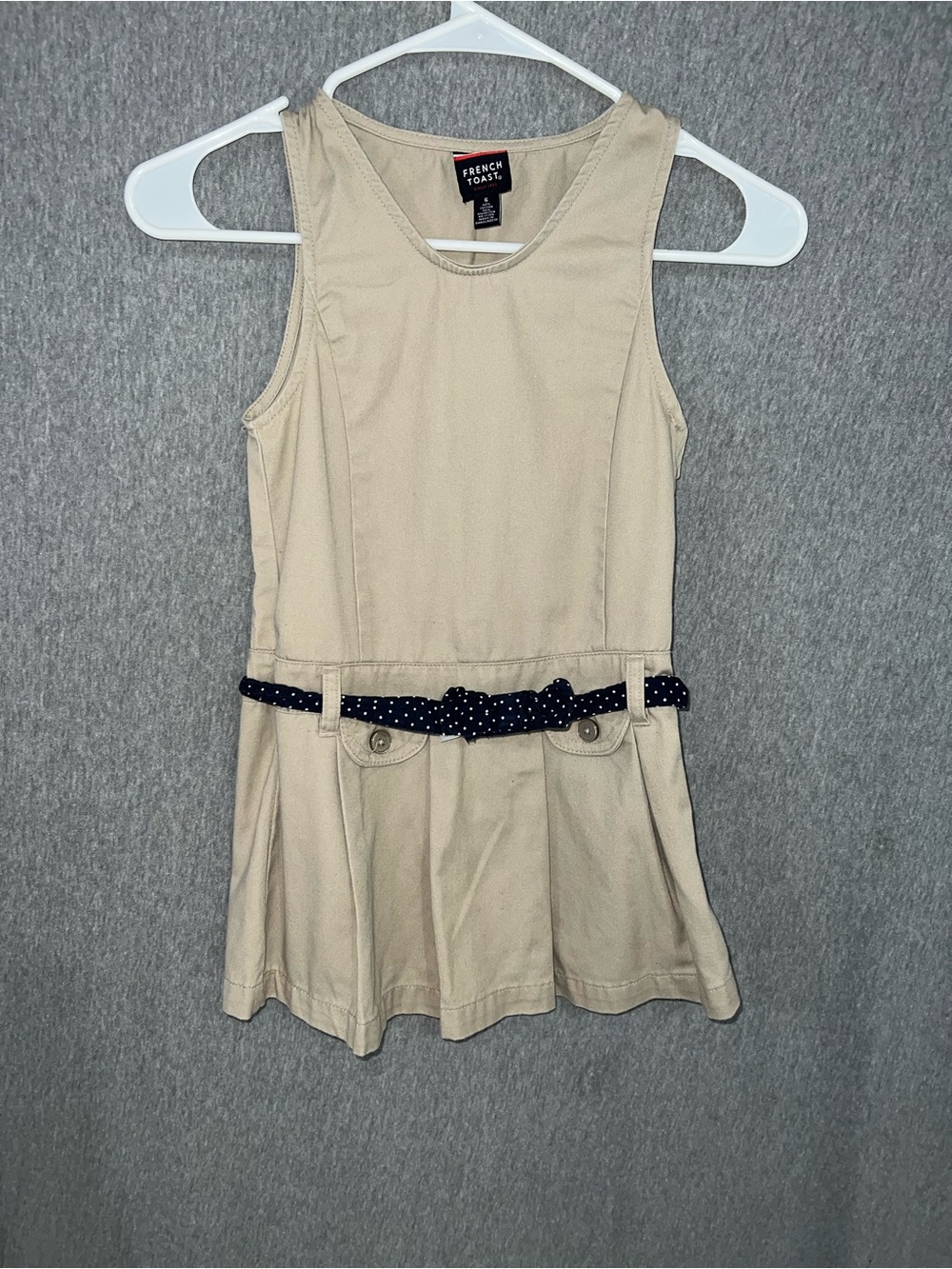 French Toast Khaki Tank Dress with Navy Polka Dot Belt